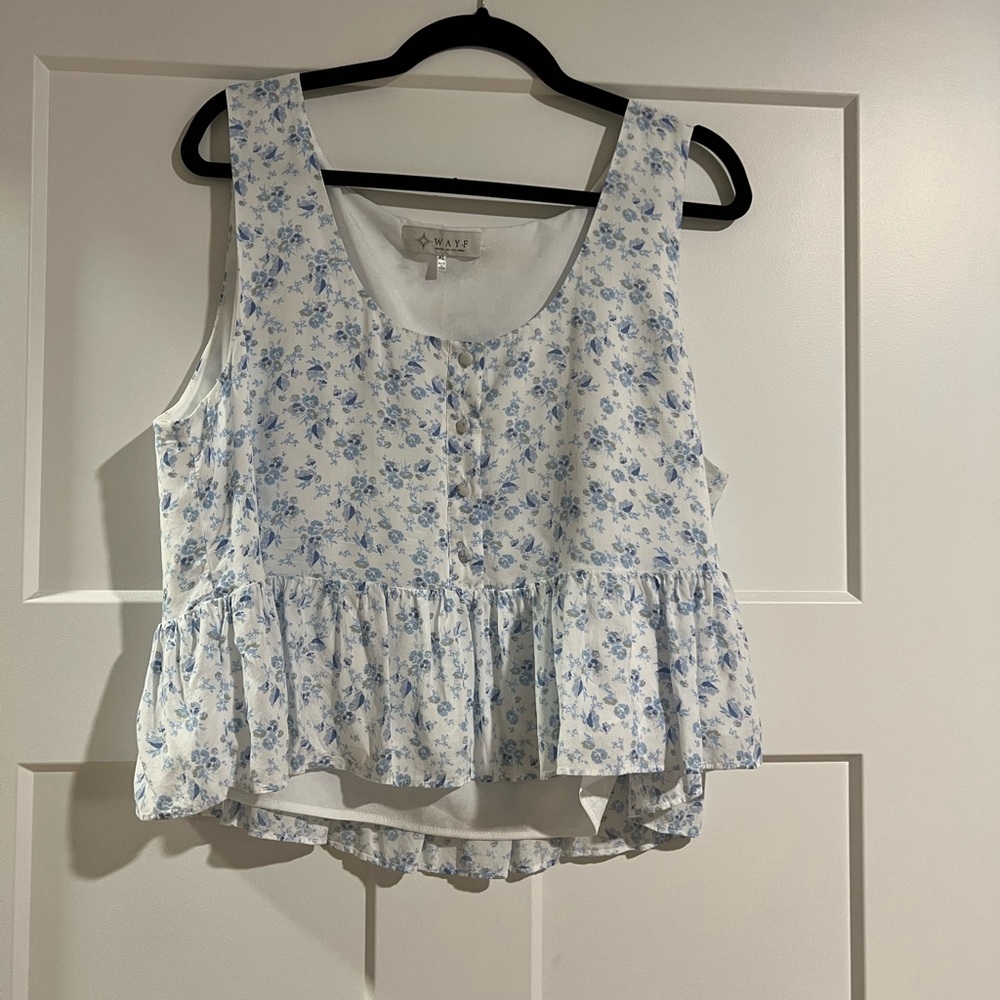 WAYF White and Blue Floral Tank Top